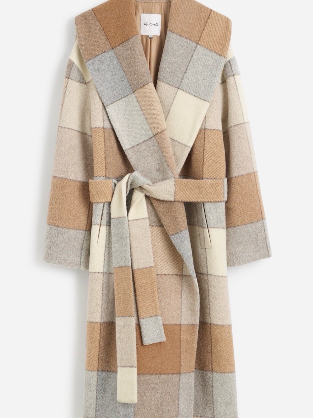 Madewell Neutral Patchwork Plaid Belted Robe Coat in Cream, Tan & Light Gray